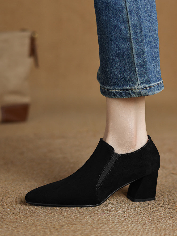 Women's Suede-Texture Pointed-Toe Low Chunky-Heel Slip-On Shoes | Black & Brown