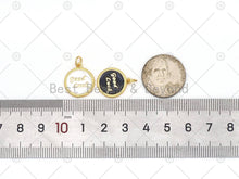 Load image into Gallery viewer, Gold Good Luck Word On Black/White Enamel Round Coin Pendant, 18K Gold Filled Enamel Charm, Necklace Bracelet charm, 17x15mm,Sku#LK458