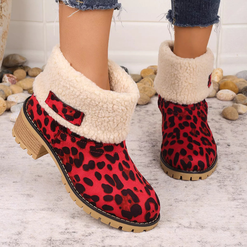 Women's Leopard Print Plush Lined Boots | Mid Heel Slip-On Suede Boots with Warm Faux Fur Lining
