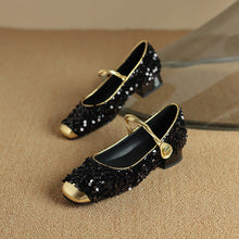 Load image into Gallery viewer, Women's Sequined Peep-Toe Mary Jane Shoes | Low Chunky Heel Buckle Dress Shoes