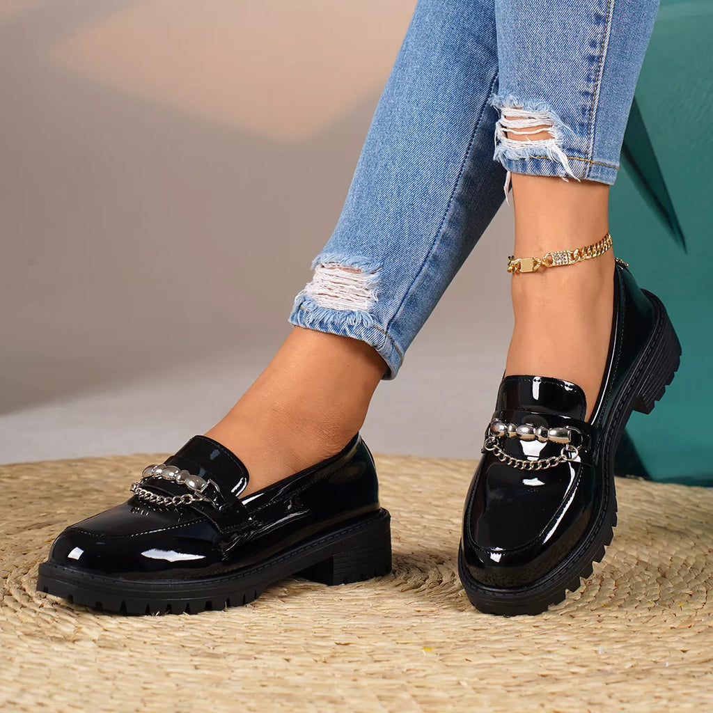 Women's Chain Embellished Round Toe Loafers – Mid Heel, PU Leather, Slip-On