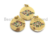 Load image into Gallery viewer, CZ Colorful Micro Pave Round Gold With Evil Eye Pendant, Coin Shaped Pave Pendant, Gold plated,18x20mm, Sku#F868