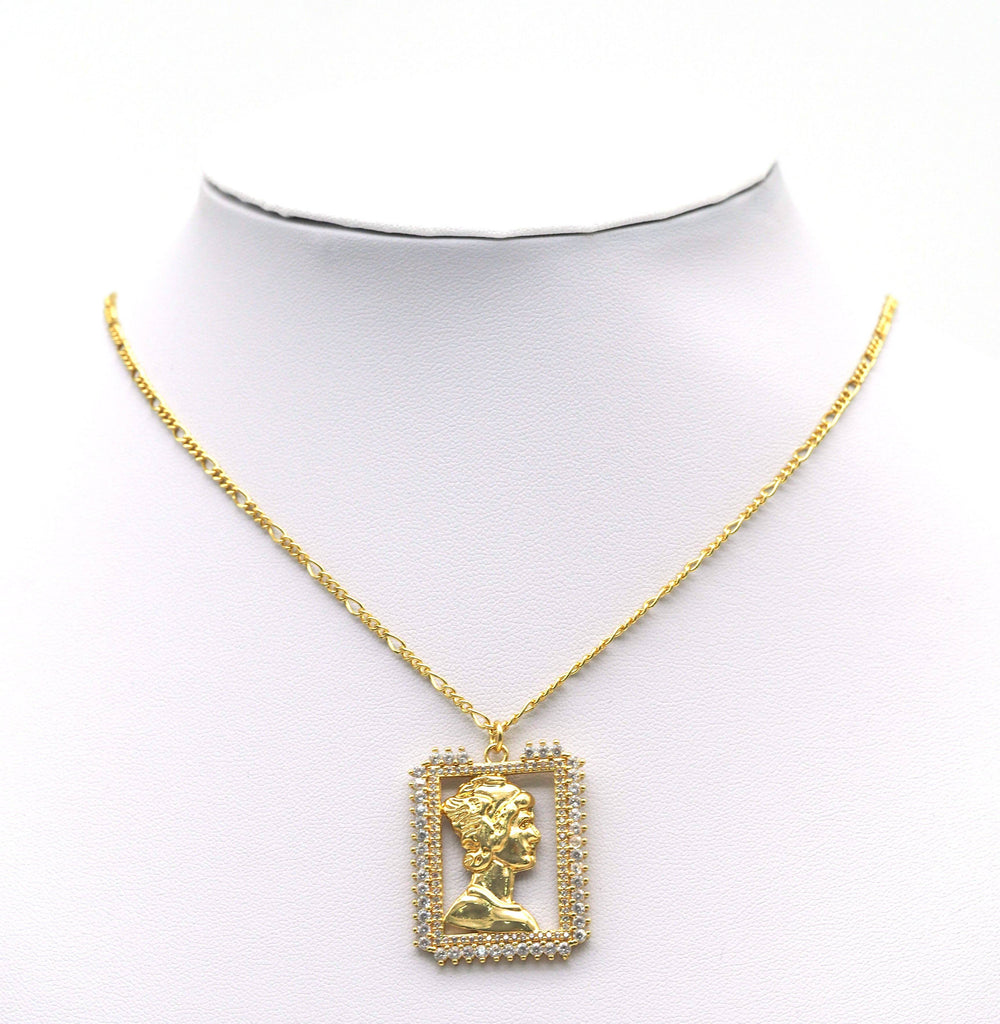Gold Lady Head On CZ Rectangle Frame Charm, Sku#L673