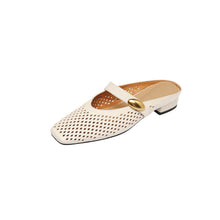 Load image into Gallery viewer, Women's Sheepskin Mary Jane Mules | Perforated Square Toe Low Block Heel Slides