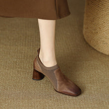 Load image into Gallery viewer, Women's Square Toe Chunky Heel Slip-On Pumps | Knitted Patchwork Leather High Heels | Black &amp; Brown