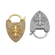 Load image into Gallery viewer, 18K Gold Cross On Heart Fancy Lock Clasp, CZ Micro Pave Lock