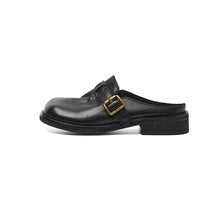 Load image into Gallery viewer, Women's Full Grain Leather Buckle Mules | Retro Low Block Heel Backless Shoes