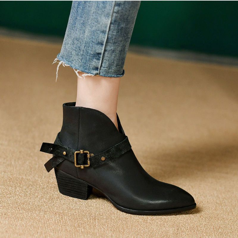 Women's Chunky Heel Slip-On Boots | Pointed Toe Mid-Heel Ankle Boots