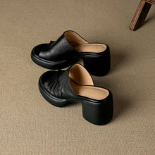 Load image into Gallery viewer, Women's Ruched Block Heel Slides | Open-Toe Lambskin Leather Mules