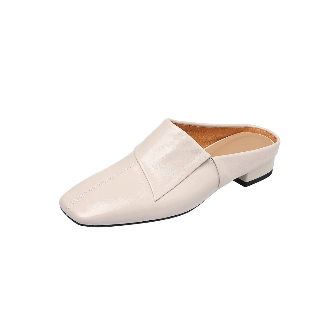 Women's Vintage Cowhide Fold-Over Mules | Square Toe Low Block Heel Backless Loafers