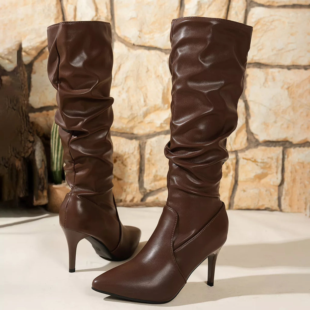 Women's Pointed-Toe Stiletto Heel Knee-High Boots – PU Leather Stiletto