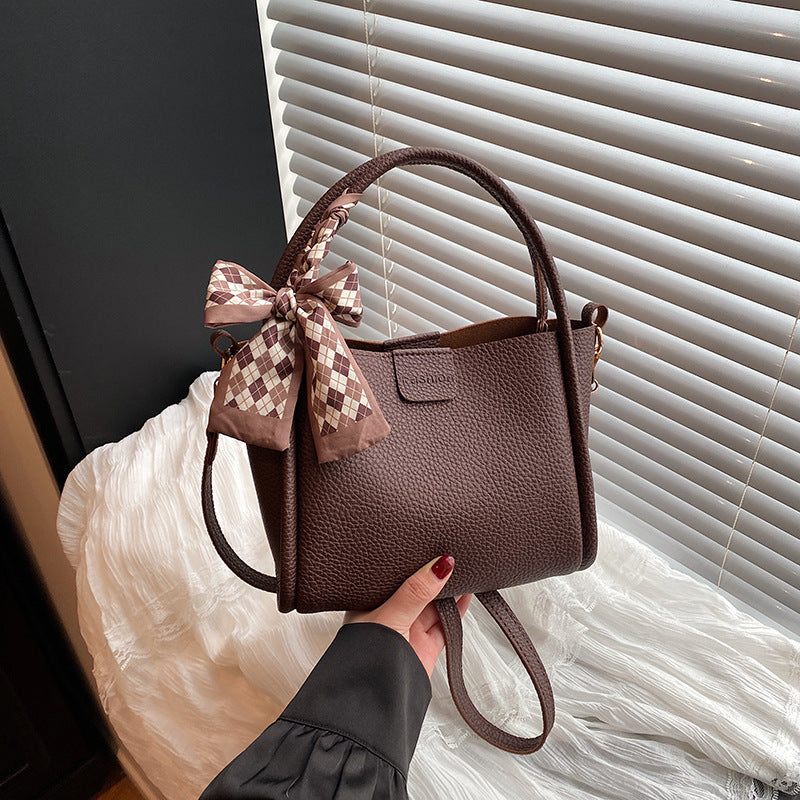 Women's Quilted Bucket Bag with Silk Scarf - PU Leather Crossbody Handbag