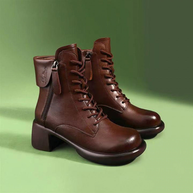 Women's Vintage Chunky Heel Ankle Boots | Microfiber Leather Side Zipper Low-Top