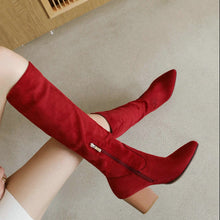 Load image into Gallery viewer, Women's Suede High-Top Boots – Chunky Heel, Pointed Toe, Side Zipper | Sarah Express