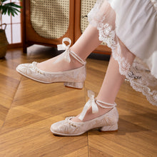 Load image into Gallery viewer, Women's Jacquard Mary Jane Low Heel Shoes | Pearl Ribbon Bow Square Toe Wedding Flats