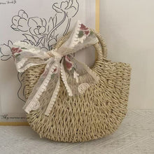 Load image into Gallery viewer, Women's Straw Crossbody Bag – Handcrafted Dumpling Shape with Embroidered Scarf Detail