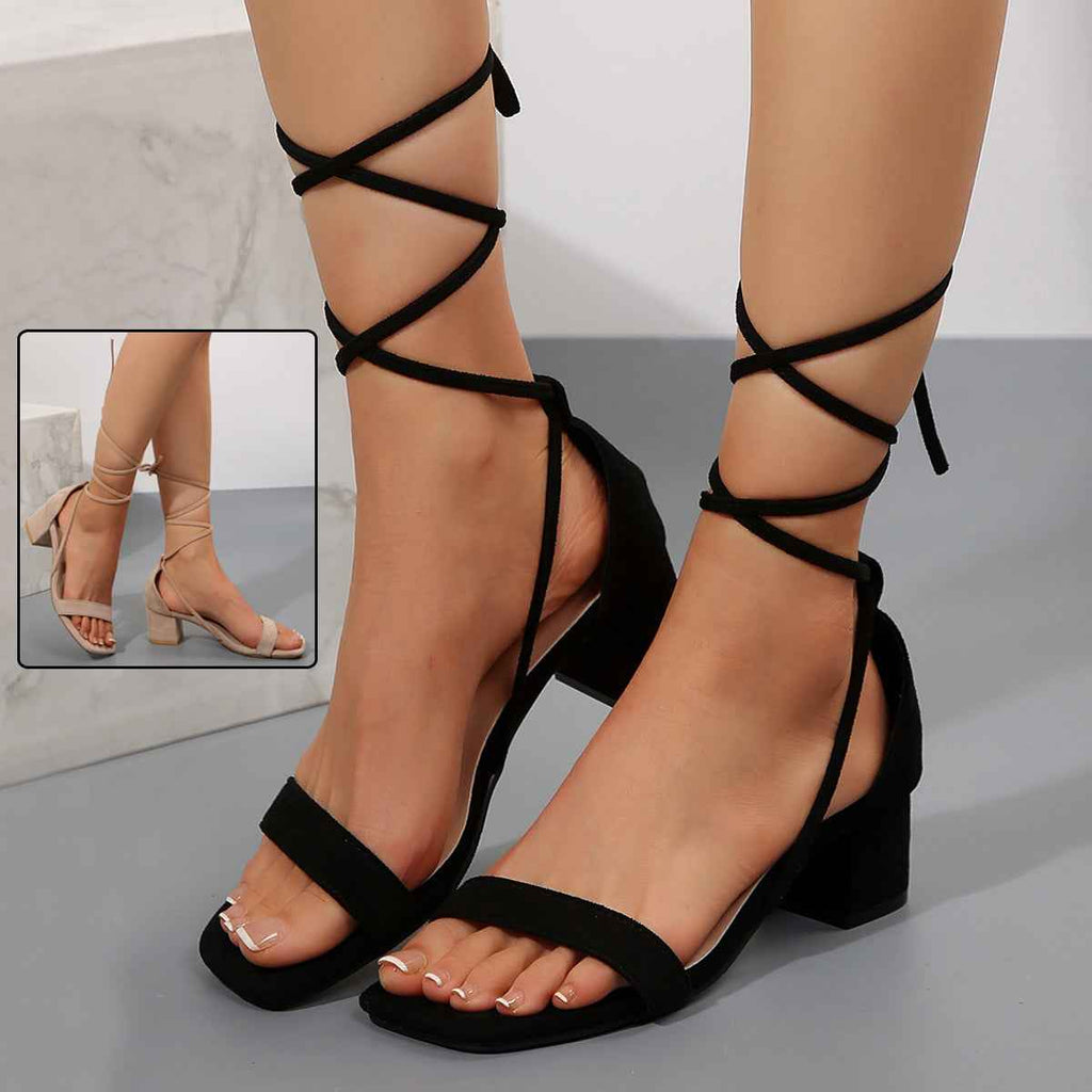 Women's Square Toe Lace-Up Chunky Heel Sandals | Summer Fashion Heeled Sandals