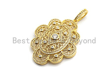 Load image into Gallery viewer, CZ Clear/Black Micro Pave Symmetric Filigree Flower Pendant, Gold/Rose Gold/Silver/Gunmetal plated, 34x45mm, Sku#F787