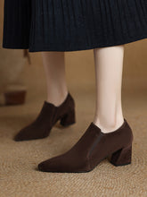 Load image into Gallery viewer, Women's Suede-Texture Pointed-Toe Low Chunky-Heel Slip-On Shoes | Black &amp; Brown