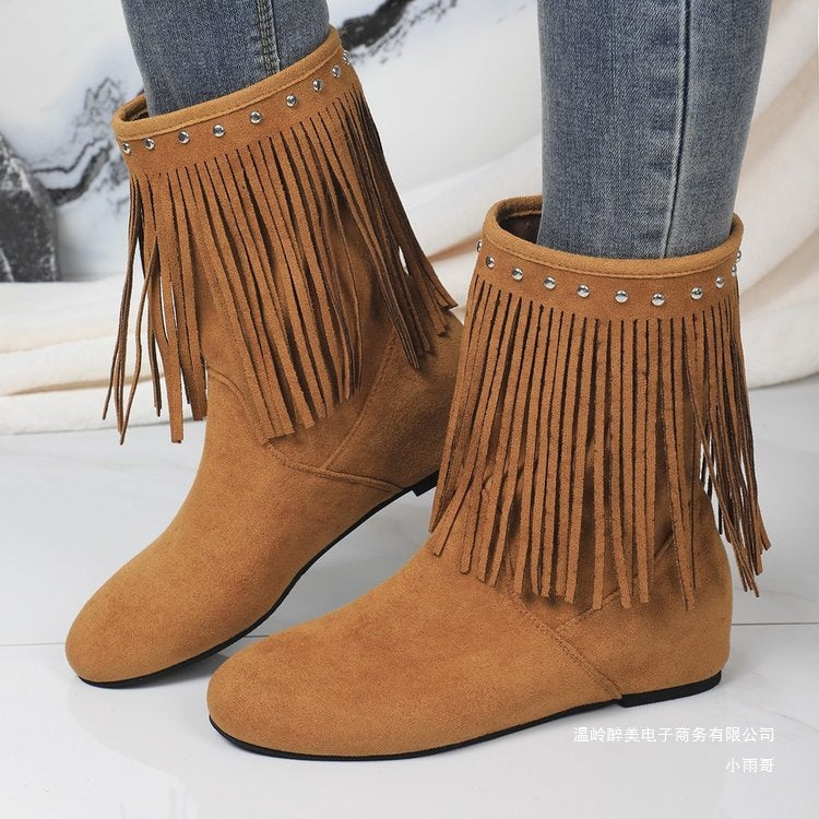 Women's Studded Tassel Mid-Calf Boots - Wedge Heel Suede Boots with Metal Accents
