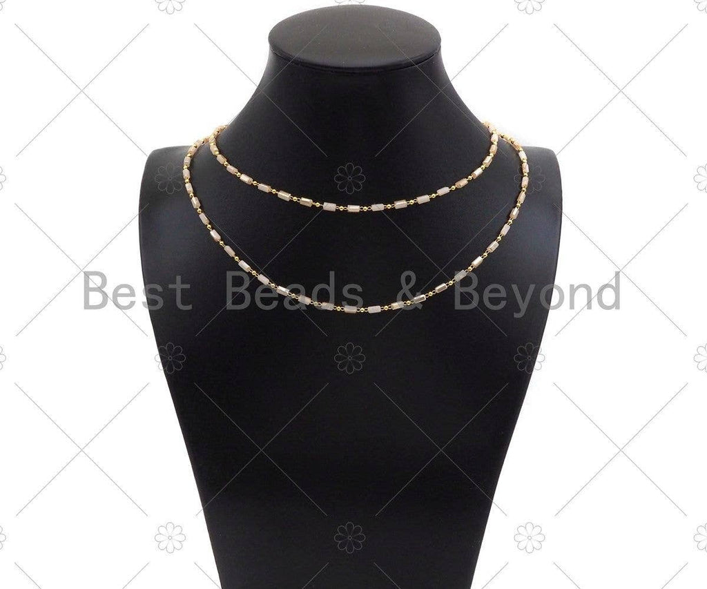 18" Beige Milky Cylinder Beads Gold Chain Necklace,EF02