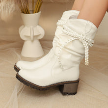 Load image into Gallery viewer, Women's Knitted Strap Mid-Calf Boots With Chunky Heels | Black &amp; White
