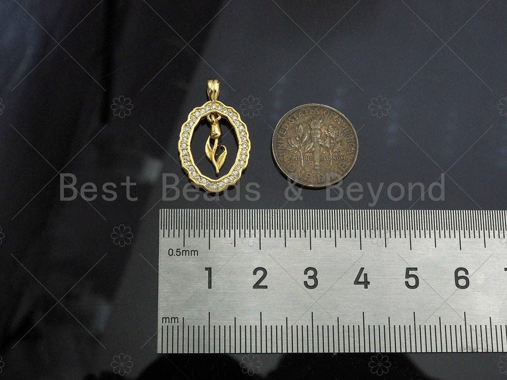 CZ Micro Pave Flower On Oval Shape Pendant/Charm,Cubic Zirconia Dangle Flower Charm, Necklace Bracelet Charm Pendant,15x24mm, Sku#LK270
