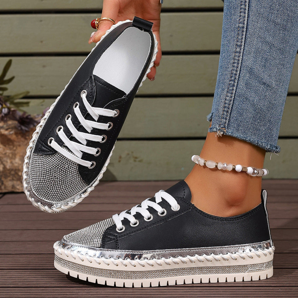 Women's Plus-Size Chunky Sole Sequin Sneakers | Lace-Up Low-Top | Gold Silver Black White