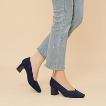 Load image into Gallery viewer, Women's Chunky Heel Square Toe Slip-On High Heels | Flyknit Upper | Multiple Colors