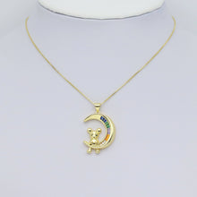 Load image into Gallery viewer, Colorful Baguette CZ Pave Teddy Bear on Cresent Moon Pendant