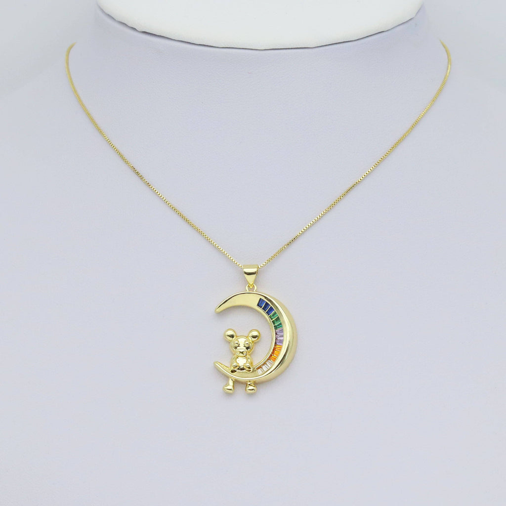 Baguette CZ Teddy Bear On Cresent Moon Pendant, Sku#LX629