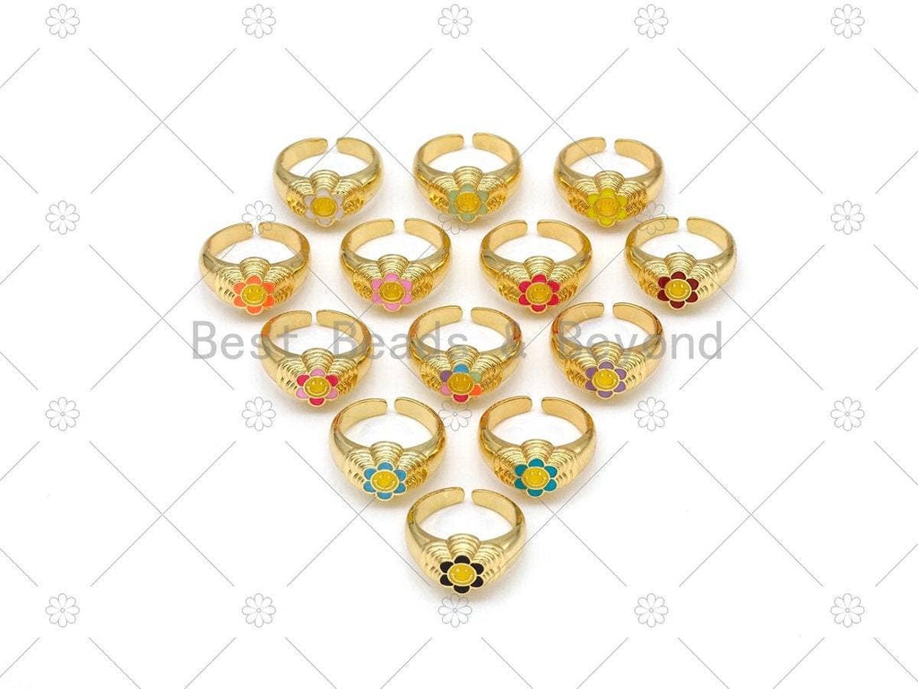 Enamel Smiley Face On Round Sunflower Open Ring, Sku#X281