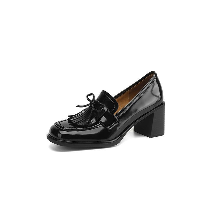Women's Bow-Tie Chunky Heel Leather Pumps – Round Toe Mid-Cut Block Heel Shoes