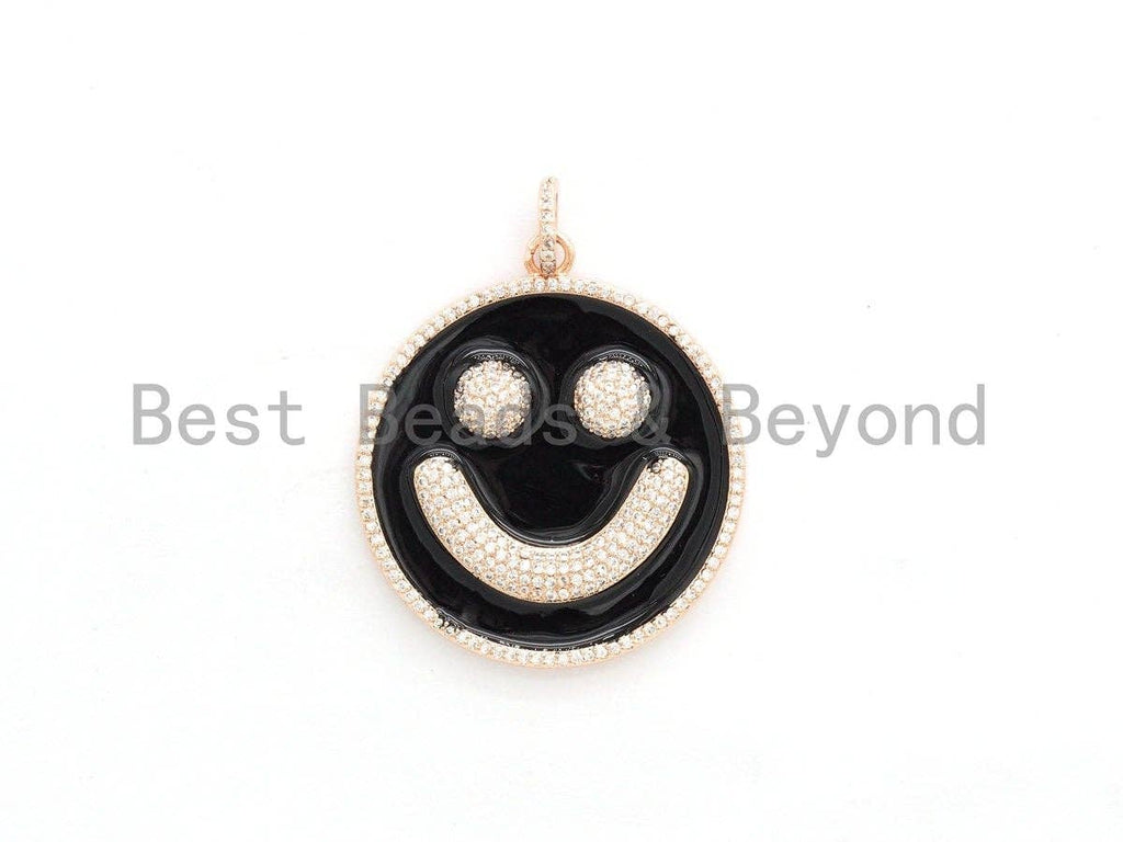 38mm Black Enamel Oil Drop Smiley Face Round Pendant, Gold/Rose gold/Black/Silver, Cubic Zirconia Pave Pendant, Happy face charm, SKU#F612