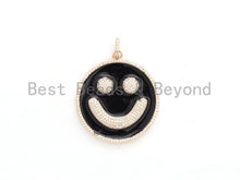 Load image into Gallery viewer, 38mm Black Enamel Oil Drop Smiley Face Round Pendant, Gold/Rose gold/Black/Silver, Cubic Zirconia Pave Pendant, Happy face charm, SKU#F612