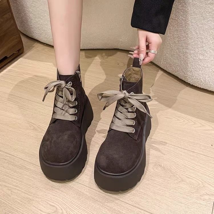 Women's Chunky-Sole Vintage Lace-Up Mid-Calf Boots | PU Leather Round Toe Flat Boots