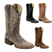 Load image into Gallery viewer, Women's Embroidered Chunky Heel Square Toe Mid-Calf Knight Boots | Slip-On Winter Boots