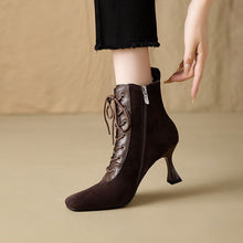 Load image into Gallery viewer, Retro Square-Toe Short Boots Women's Stiletto Heel PU Leather – Brown &amp; Apricot