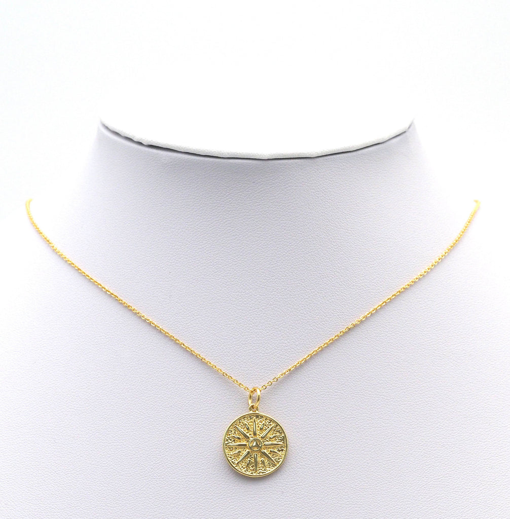 CZ Gold Flower Triangle Round Coin Charm, Sku#LX142