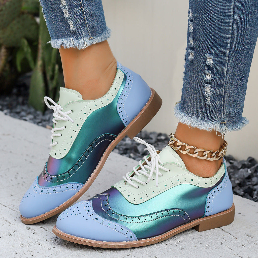 Women's Color-Block Lace-Up Flats Round Toe Casual Shoes – Plus Sizes