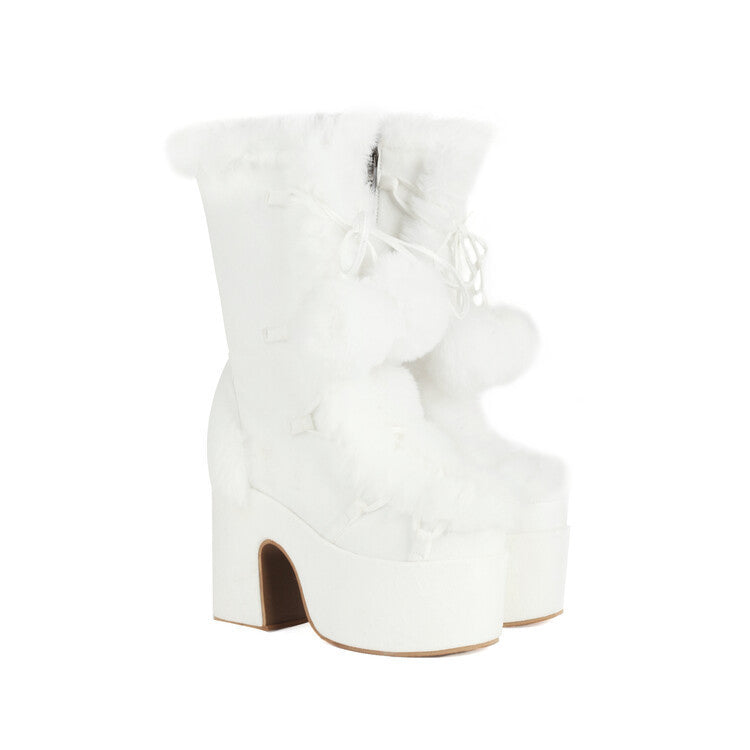 Women's Mid-Calf Chunky Heel Furry Boots – Suede Platform Winter Boots