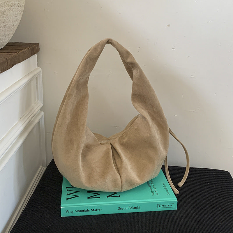 Suede Pleated Tote Bag for Women – Retro Minimalist Dumpling Shoulder Bag