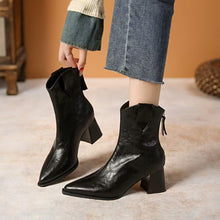 Load image into Gallery viewer, Women's Retro Chunky Heel Ankle Boots – Pointed Toe Side Zipper | Microfiber Leather | All-Season