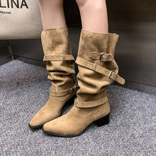 Load image into Gallery viewer, Women's Suede Pointed Toe Chunky Heel Ankle Boots | Sarah Express