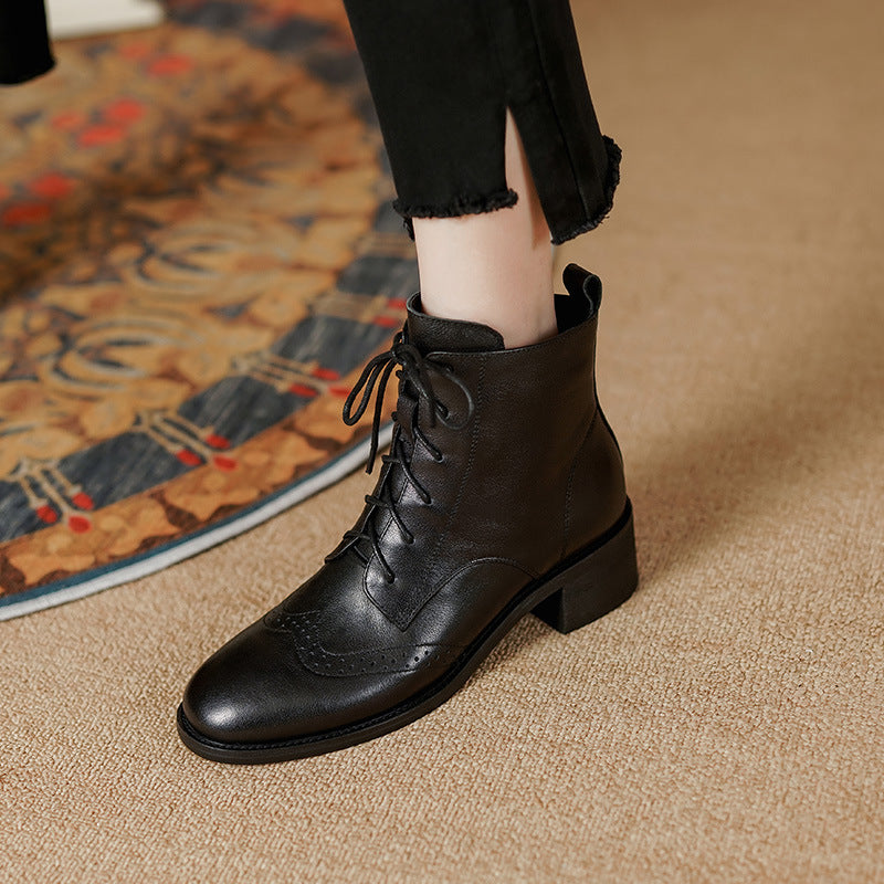 Women's Retro Leather Ankle Boots – Chunky Heel, Side Zipper & Lace-Up | Cowhide Upper