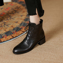 Load image into Gallery viewer, Women's Retro Leather Ankle Boots – Chunky Heel, Side Zipper &amp; Lace-Up | Cowhide Upper