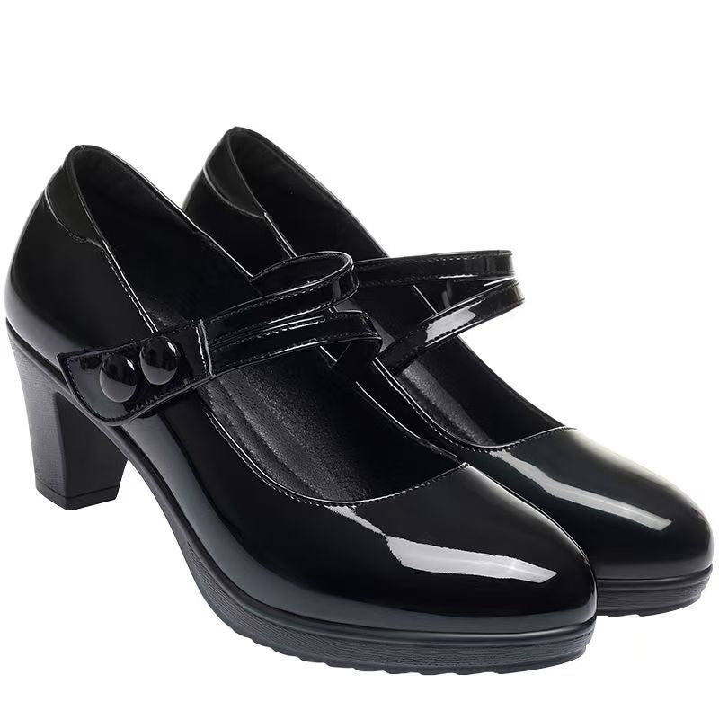 Women's Professional Leather Pumps - Round Toe Chunky Heel Velcro Strap Shoes