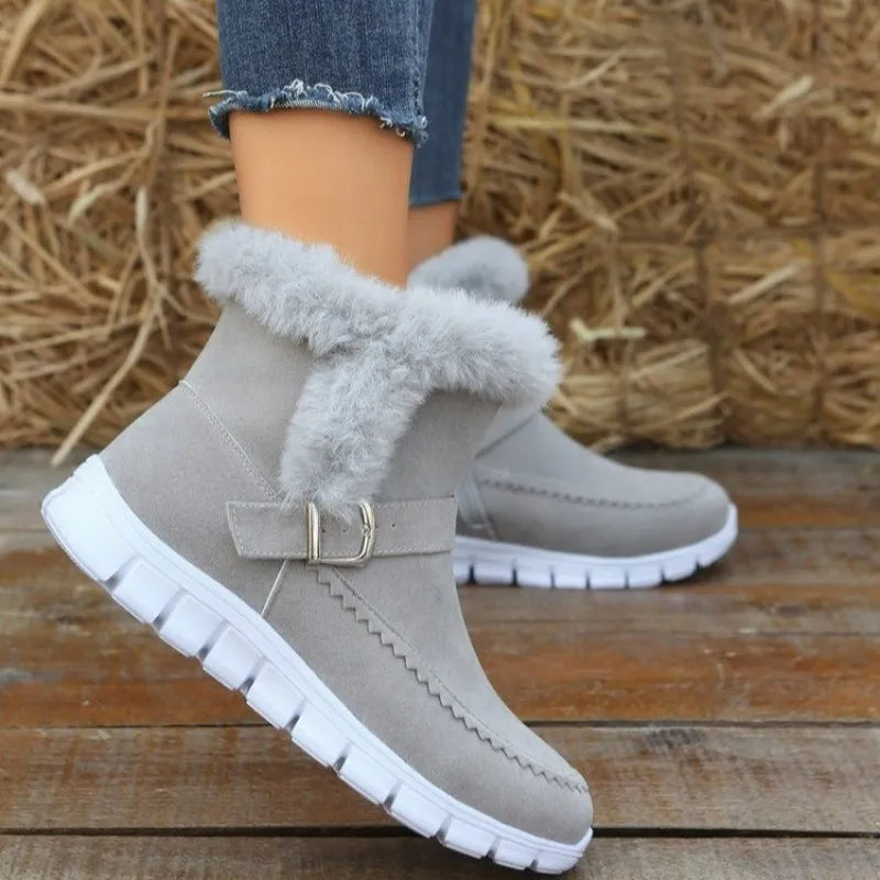 Women's Winter Snow Boots - Warm Plush Ankle Boots with Buckle Design