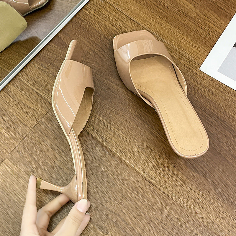 Women's Square Toe Low Heel Slippers – Open Toe Patent Leather Slide Sandals