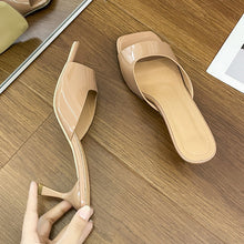 Load image into Gallery viewer, Women's Square Toe Low Heel Slippers – Open Toe Patent Leather Slide Sandals